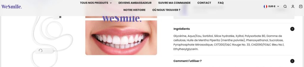 WESMILE - Liste des ingrédients du kit